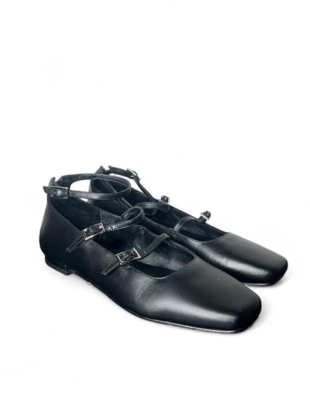 Quince Italian Leather Square Toe Strappy Mary Jane Ballet Flats in Black